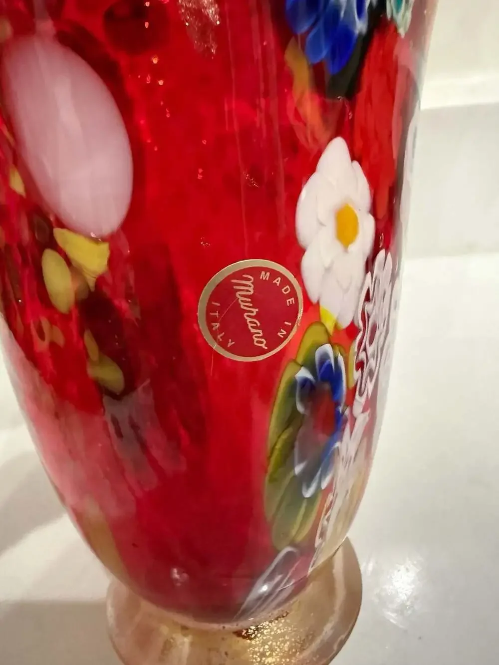 Vintage Murano Red Glass Millefiori Vase with Gold Gilt Base